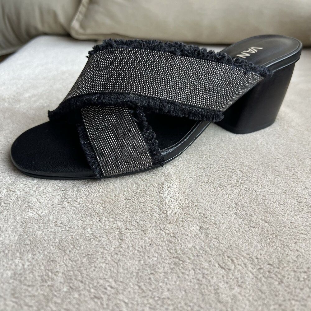 VANELi Baret Black Fringed Canvas Silver Small Studs Block Heel Sandal Women 6.5